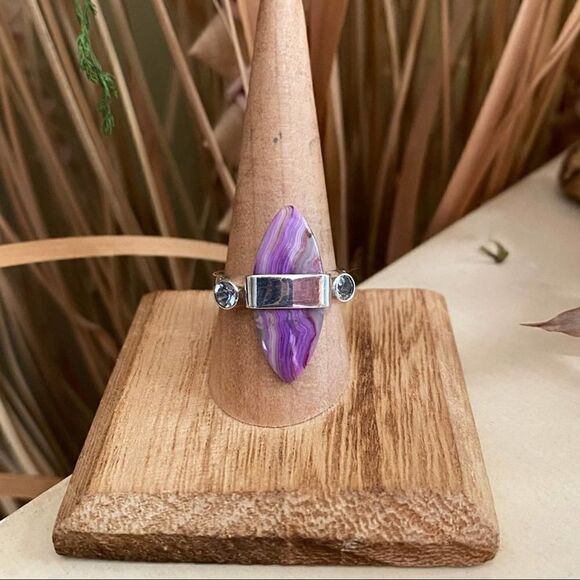 Mexican Laguna Lace & Blue Topaz Solid Sterling Silver Ring Size 9 - Picture 6 of 8